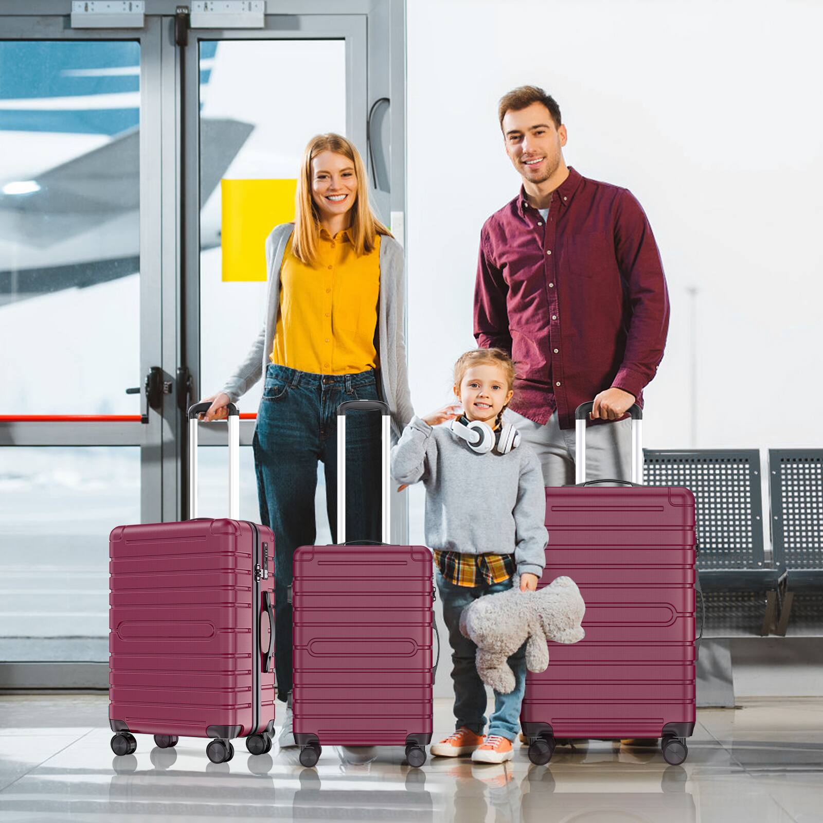 Angle. Sugift - 3 Piece Hardshell Luggage Sets Checked Spinner PC & ABS Luggage Set with YKK Zipper and TSA Lock - Red.