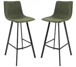 LeisureMod - Elland 2 Pcs Modern Upholstered Leather Bar Stool with Iron Legs and Footrest, Counter Height Dining Stool - Olive Green