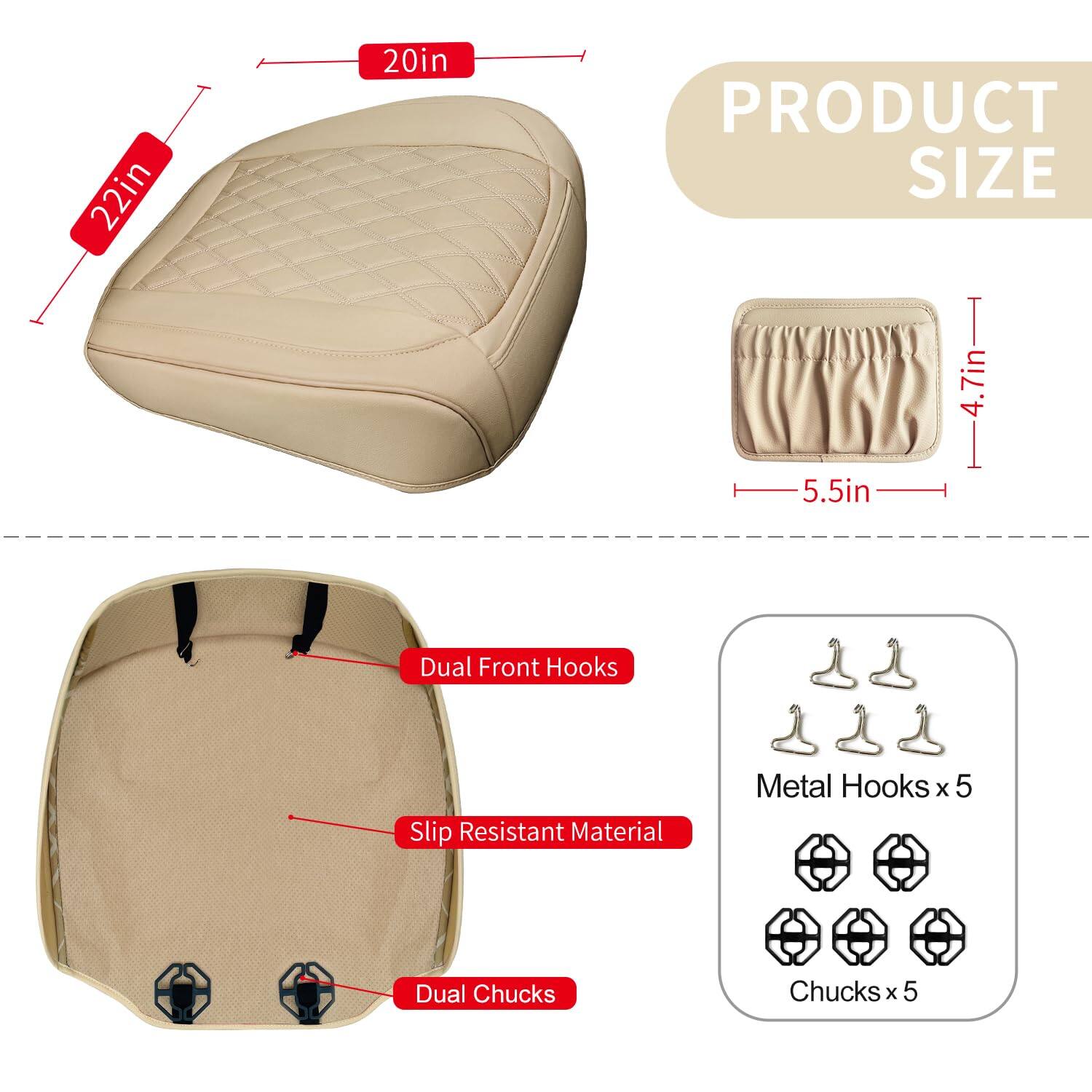 - **Product Size:**
  - 22in x 20in

- **Dimensions:**
  - 5.5in x 4.7in

- **Features:**
  - Dual Front Hooks
  - Slip Resistant Material
  - Dual Chucks

- **Included:**
  - Metal Hooks x 5
  - Chucks x 5