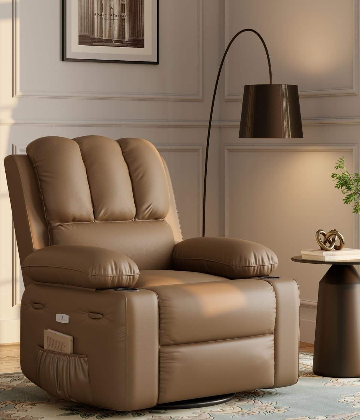 Babevy - 37.4" Electric Power Recliner with Heat and Massage, Recliner Chair 26.8" Seat with Cup Holders - Tan