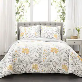 Hivvago - King size Floral Light Thin Cotton Polyester Blend Quilt Set - Yellow Grey