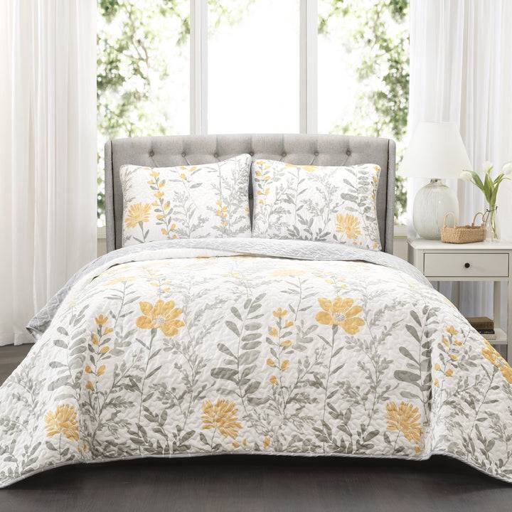 Front. Hivvago - Full/Queen size Yellow Grey Floral Light Thin Cotton Polyester Blend Quilt Set - Yellow Grey.