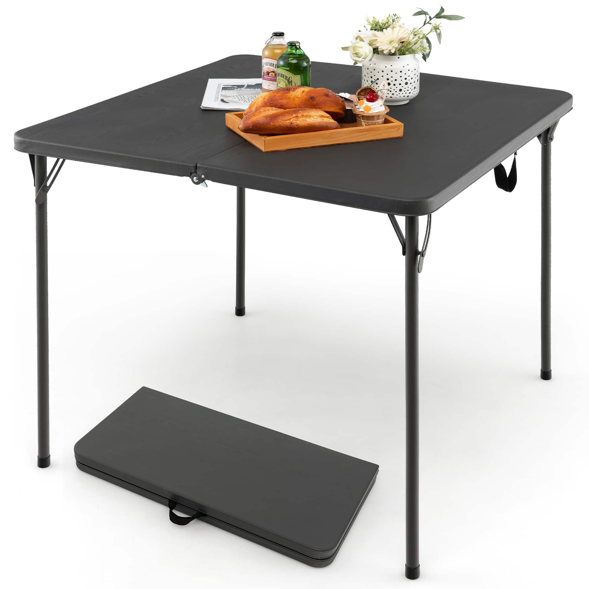 Costway - Folding Camping Table Portable HDPE Outdoor Picnic Dining Table w/ Handle - Grey