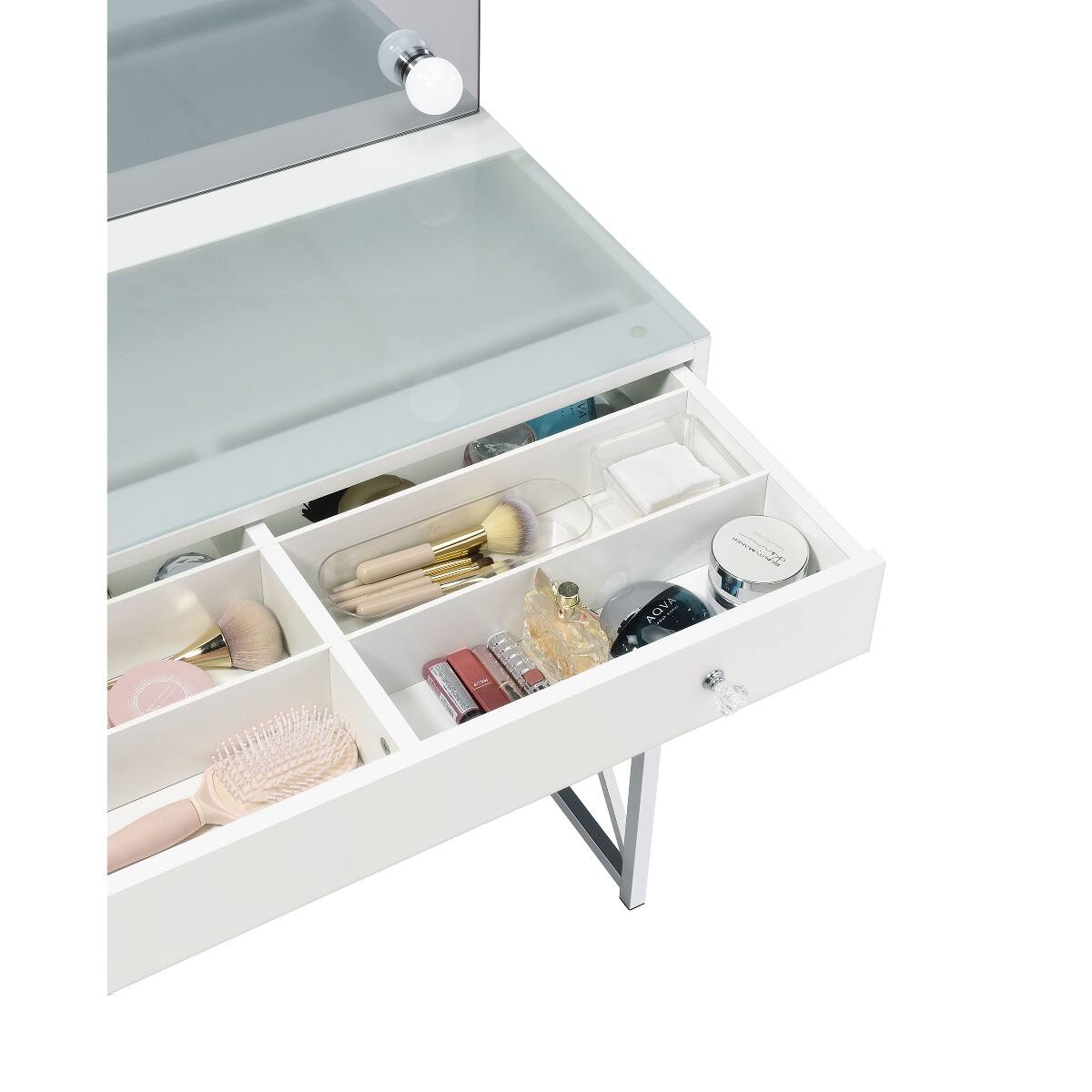 Alt View 10. Loheer - Loheer White Makeup Vanity Set with Mirror and Stool, Lighted Globe Mirror and Drawer - White.