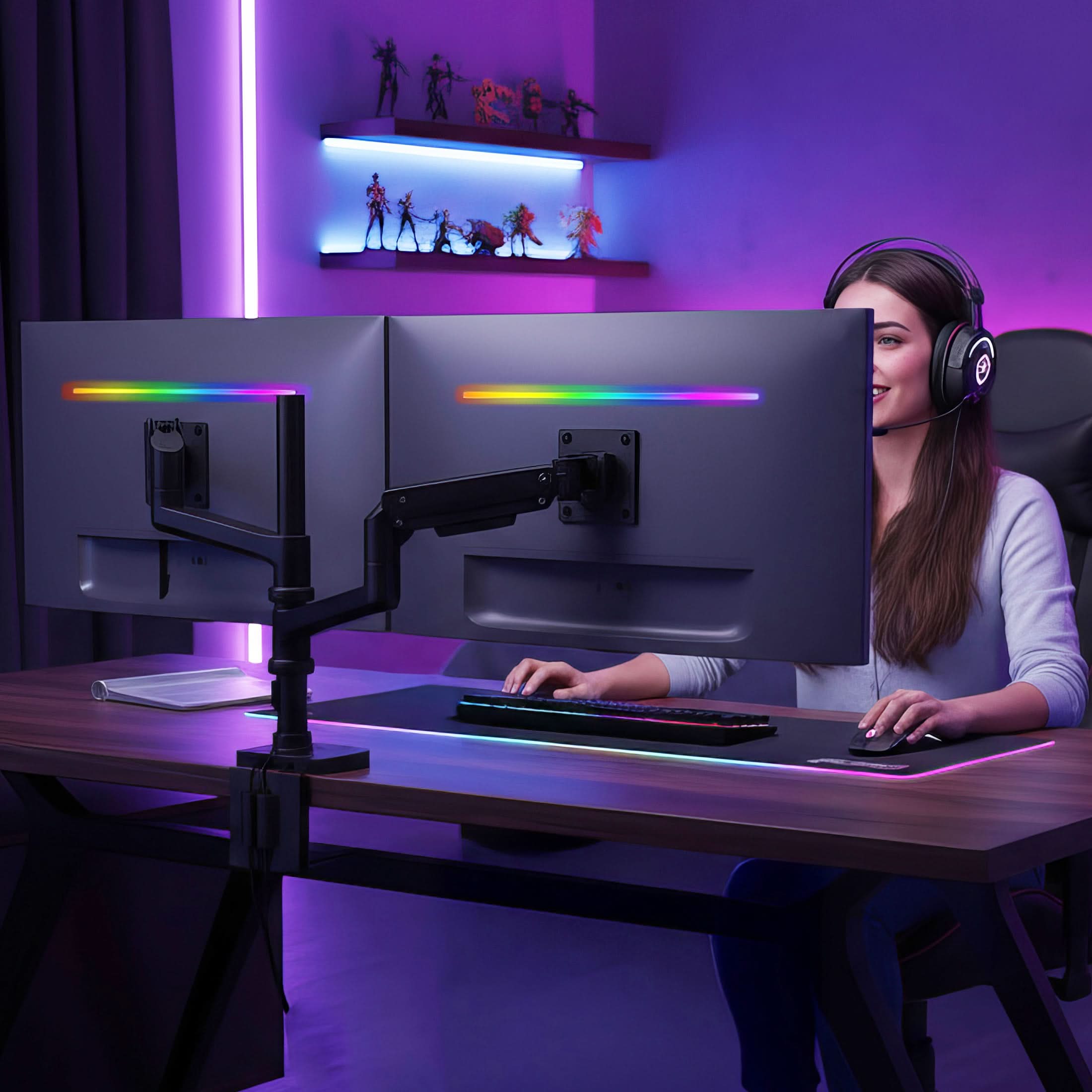 Alt View 1. Mount-It! - Heavy‑Duty Dual Stacking Monitor Mount with Pole for Monitors up to 49”, Black - Black.