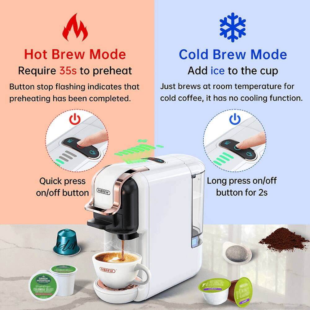 Hot Brew Mode  
Require 35s to preheat  
Button stop flashing indicates that preheating has been completed.  

Cold Brew Mode  
Add ice to the cup  
Just brews at room temperature for cold coffee, it has no cooling function.  

Quick press on/off button  
Long press on/off button for 2s