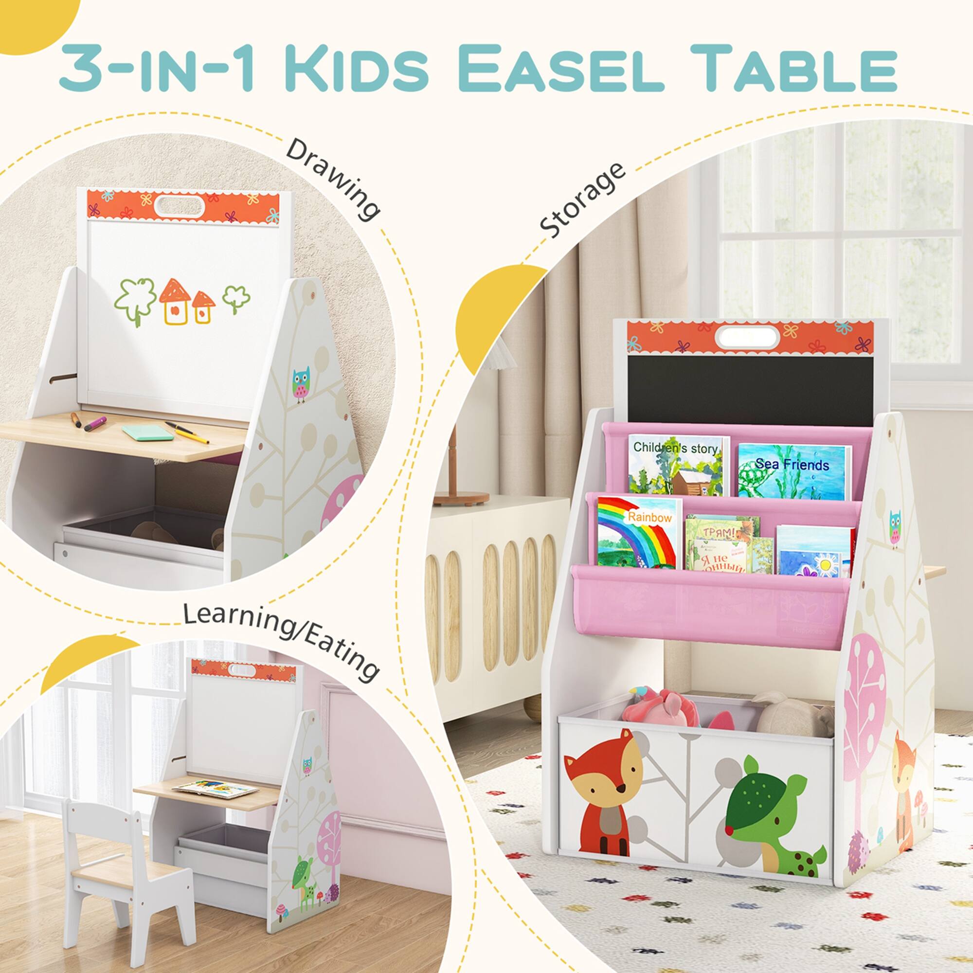The text on the image is grouped and corrected as follows:

"3-IN-1 KIDS EASEL TABLE - Drawing Storage - Children's 5 story Sea Friends Learning/Eating - Rainbow AI - 190 UIMD"