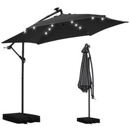 Ainfox - 10FT Outdoor Patio Umbrella Hanging Offset with Cross Base Sand Bags & 32 LED Solar Lights - Black