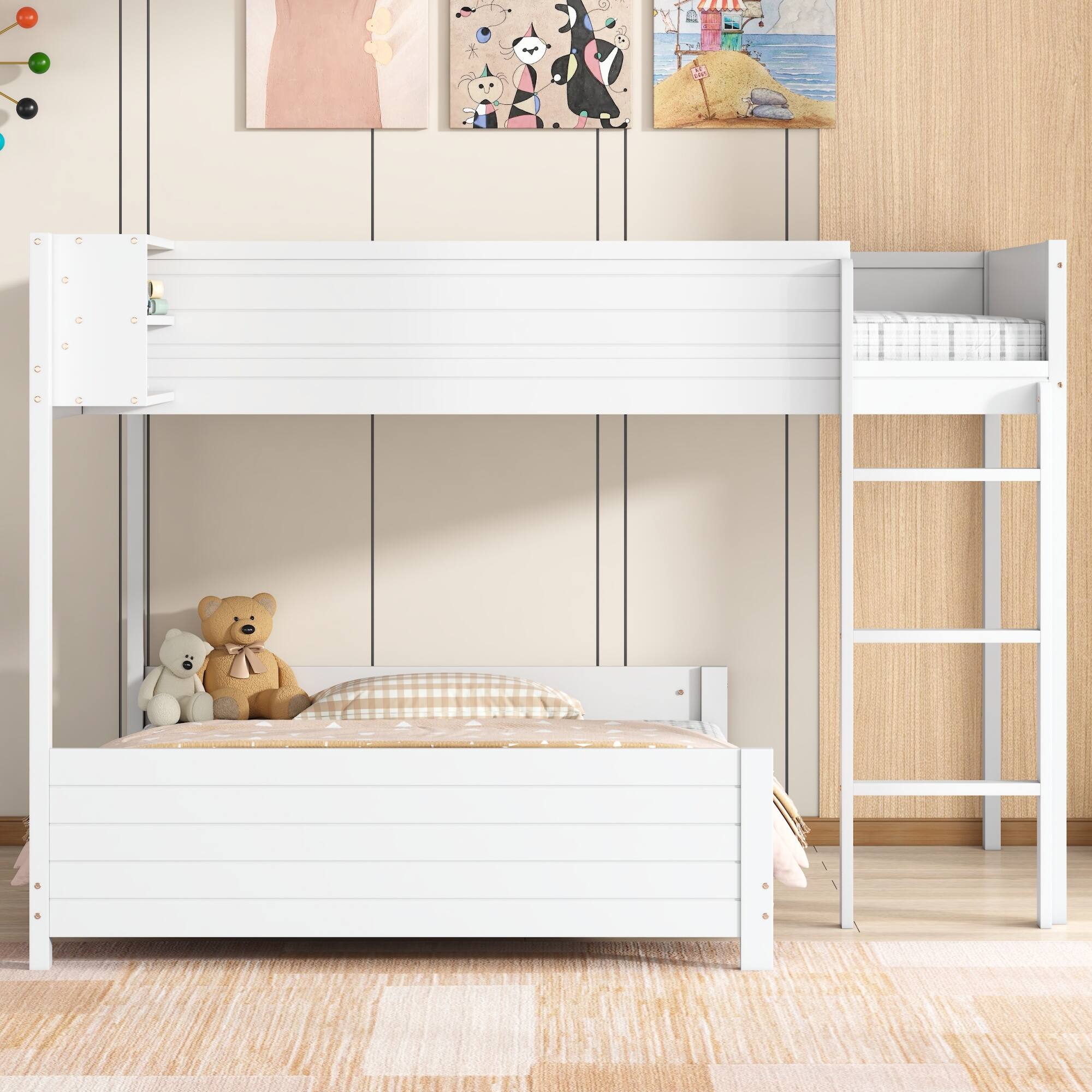 Left. Whisen - Full XL over Full XL Bunk Bed with Built-in Storage Shelf and 3-Step Ladder - White.