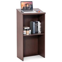 Gymax - 46'' Podium Stand Hostess Stand w/ Tilted Desktop & Edge Stopper Pulpits - Brown