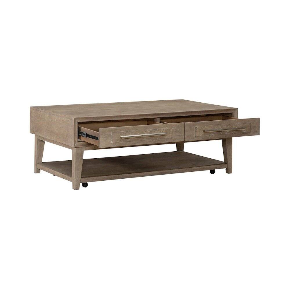 Angle. Liberty Furniture Industries - Brentwood Cocktail Table with Drawer Storage - Sandstone Oak Wood - Sandstone.
