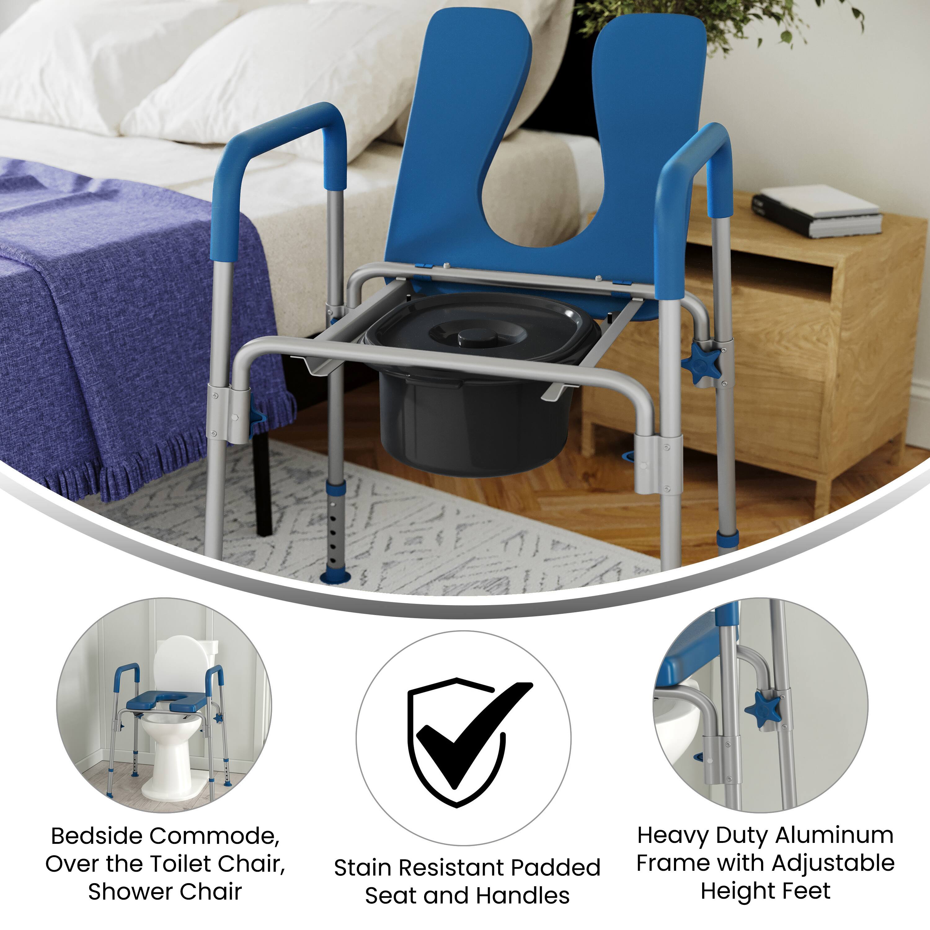 Bedside Commode, Over the Toilet Chair, Shower Chair

Stain Resistant Padded Seat and Handles

Heavy Duty Aluminum Frame with Adjustable Height Feet