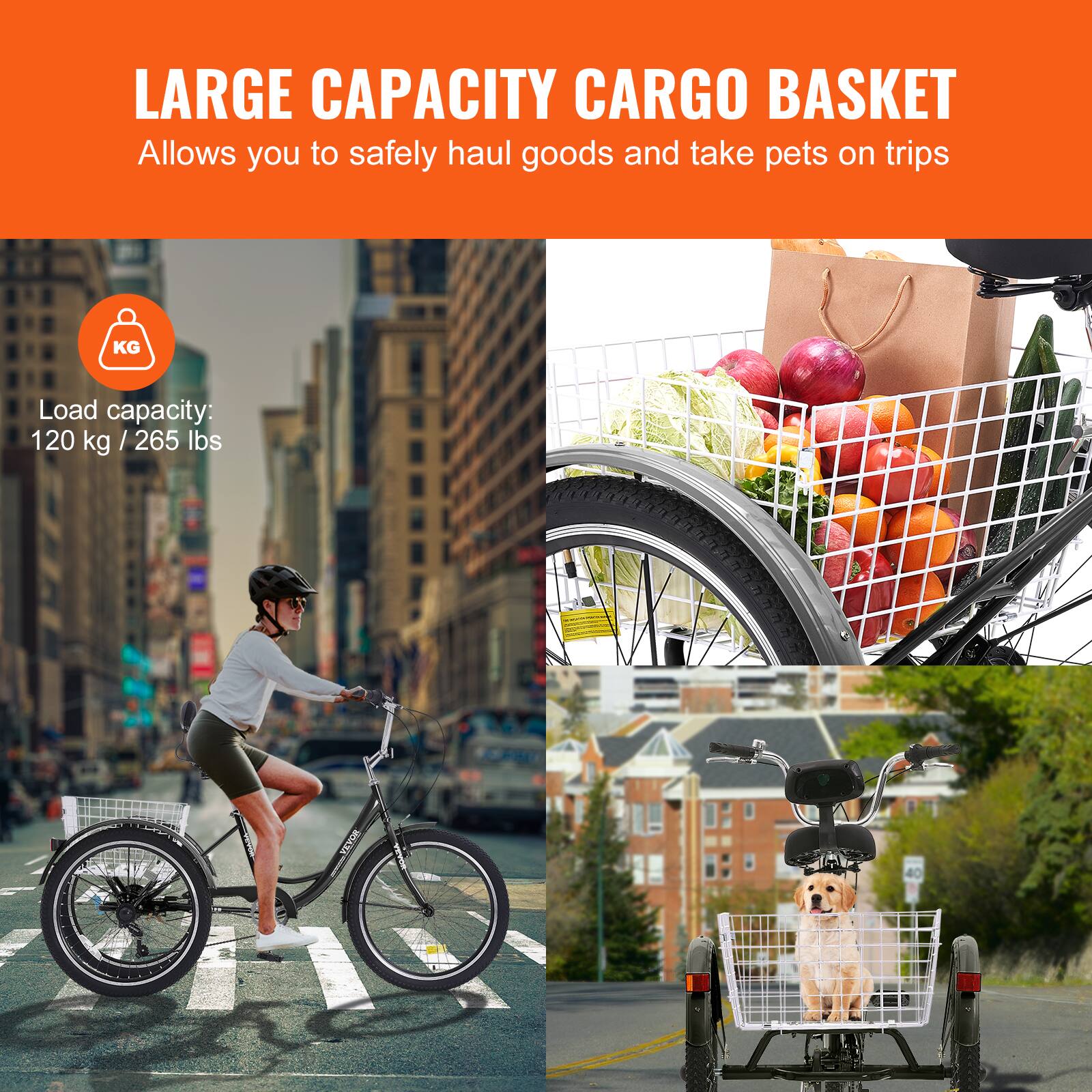 LARGE CAPACITY CARGO BASKET
Allows you to safely haul goods and take pets on trips
KG
Load capacity: 120 kg / 265 lbs