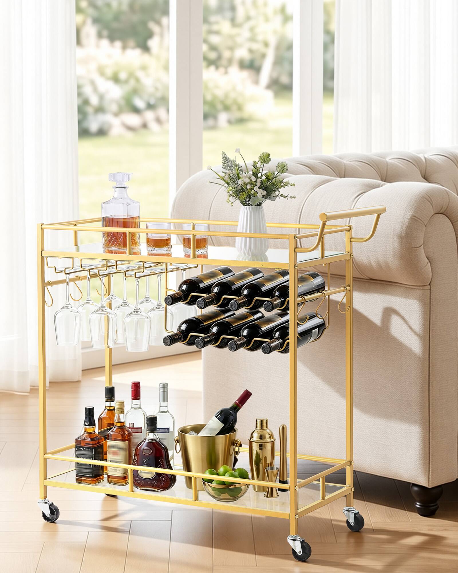 Alt View 2. VEVOR - Bar Cart, 2 Tiers Home Kitchen Serving Carts, Modern Rolling Utility Station on Wheels, Drink Beverage Trolley - Gold.
