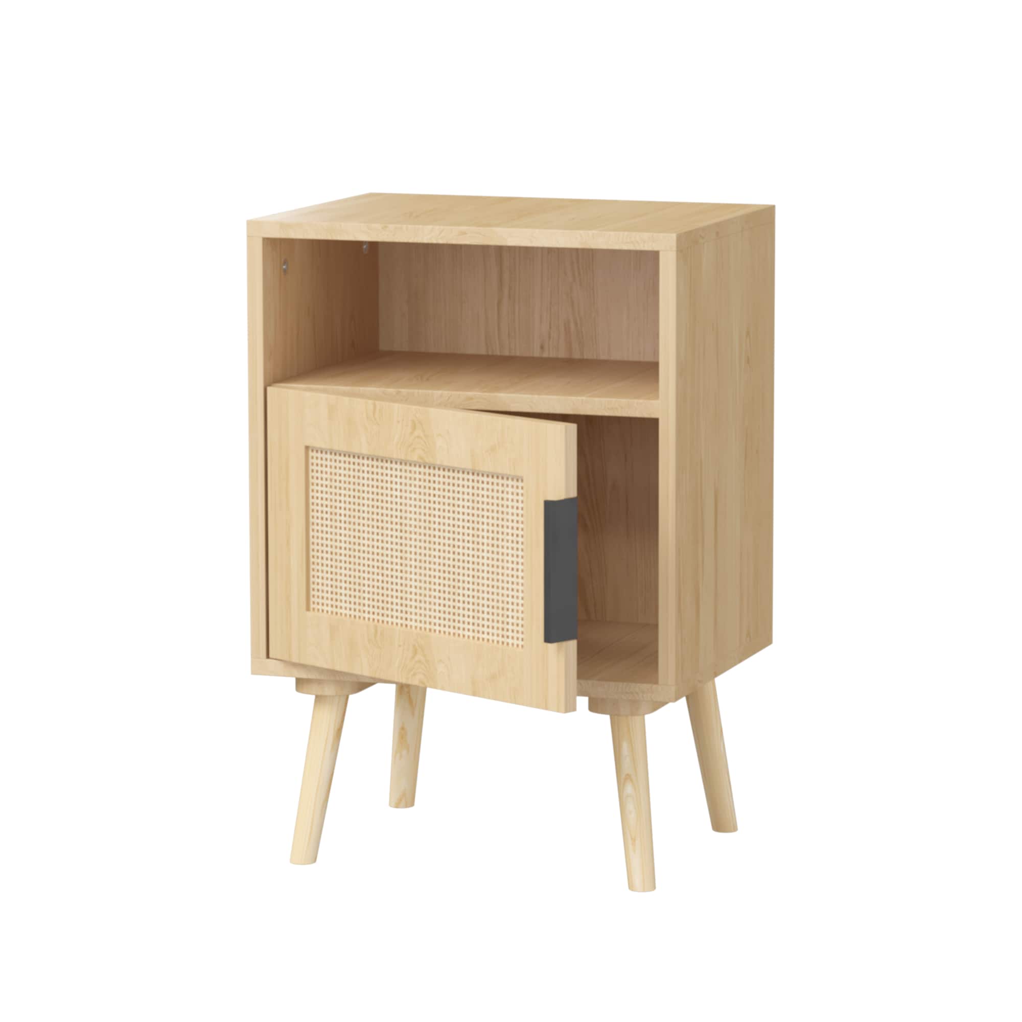 Spaco - Rattan Nightstand with Door and Shelf, Solid Wood Legs, for Bedroom, Dorm and Small Spaces - Oak