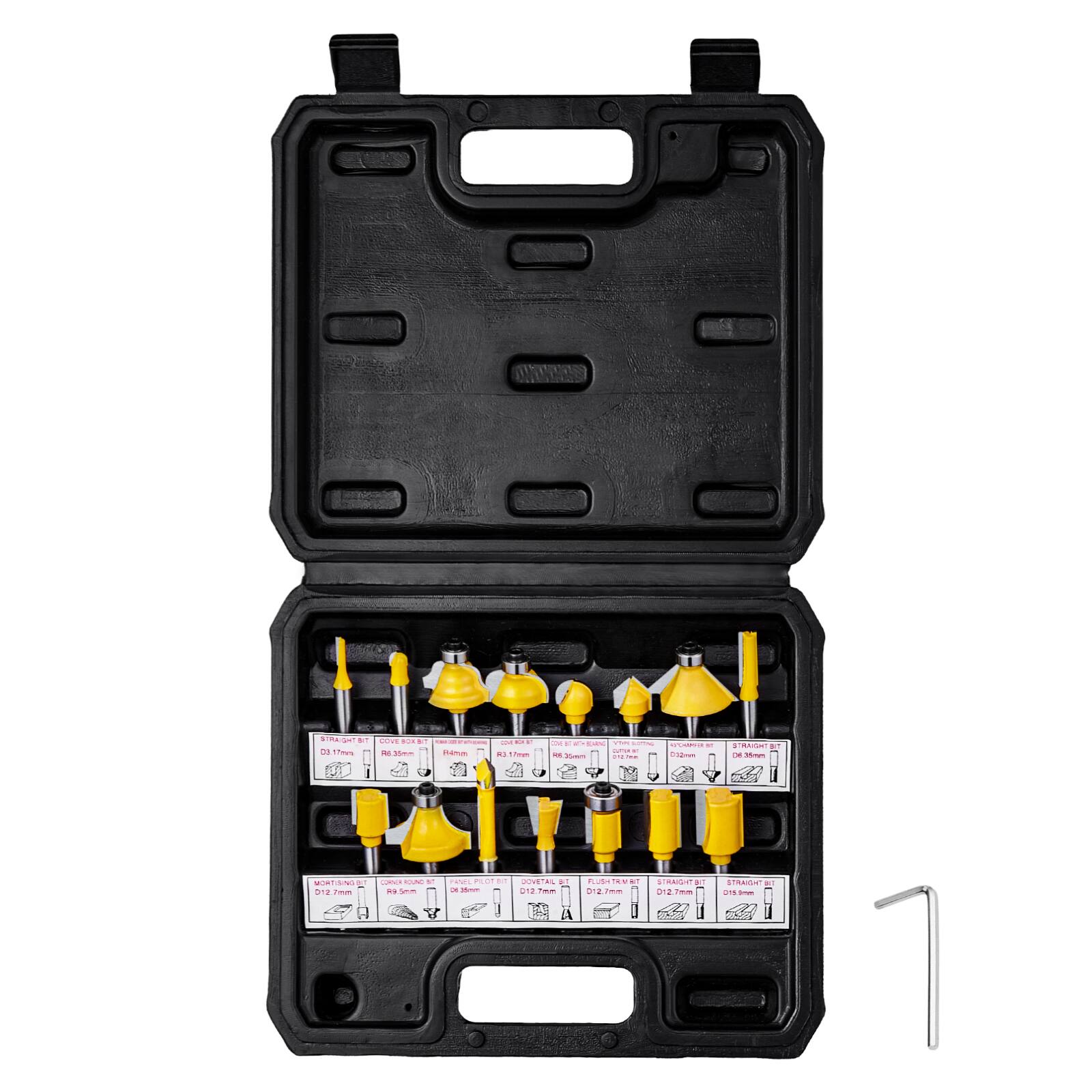 VEVOR - Router Bits Set, 15 Pieces, Carbide Router Bit Kit with 1/4 Inch Shank, Plastic Carrying Case, Woodworking Tools - metallic color