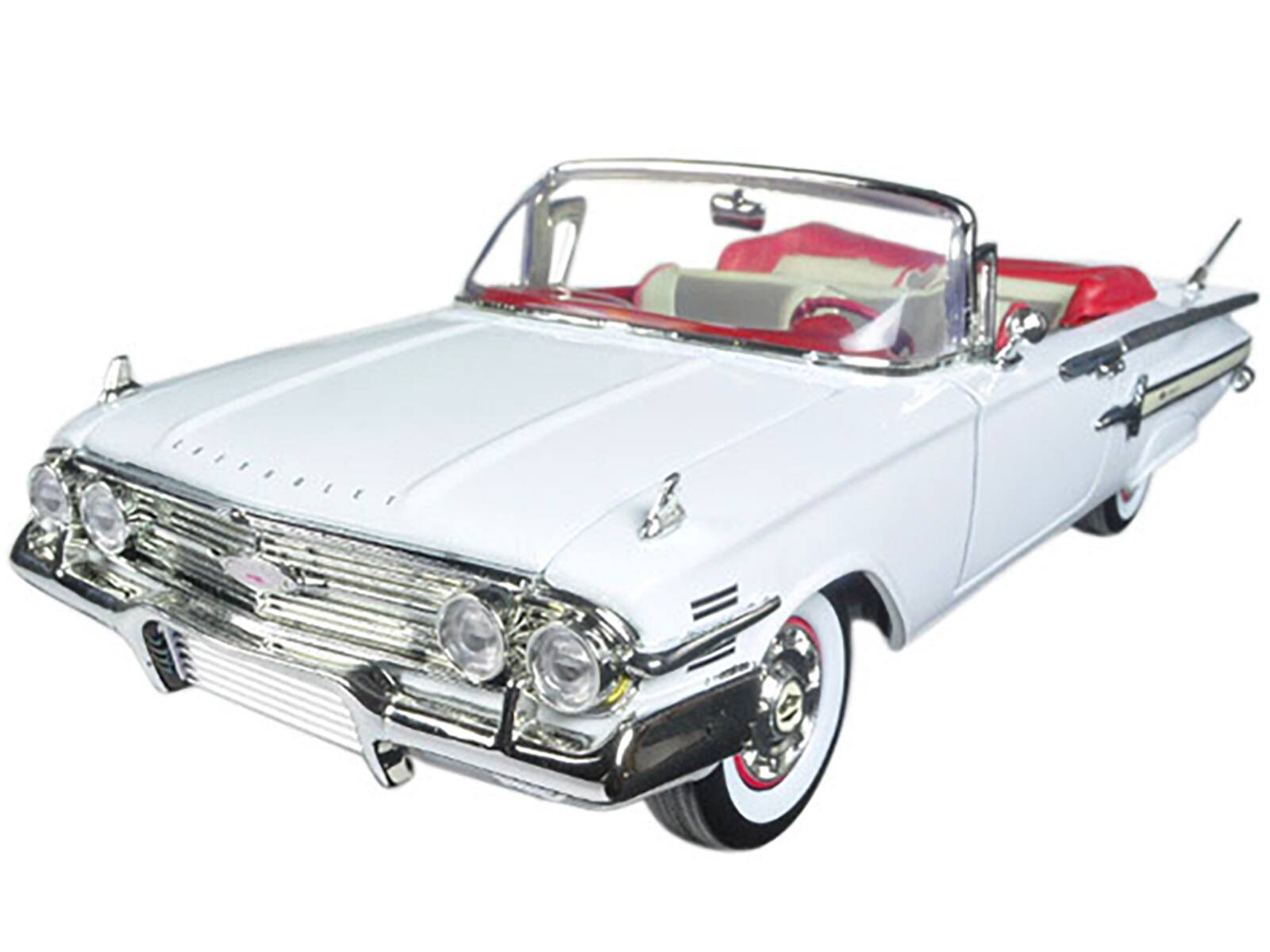 Alt View 1. Motormax - 1960 Chevrolet Impala Convertible White with Red Interior 1/18 Diecast Model Car by Motormax.