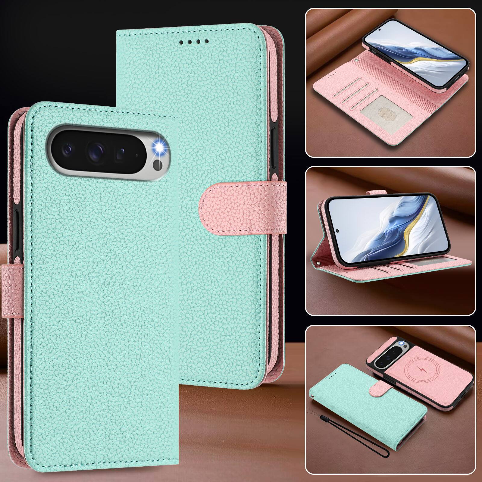 Alt View 5. Dteck - Magnetic Detachable 2-in-1 Wallet Case for Google Pixel 10 Pro XL, PU Leather Flip Cover with Card Slots & Wrist Strap - Mint.