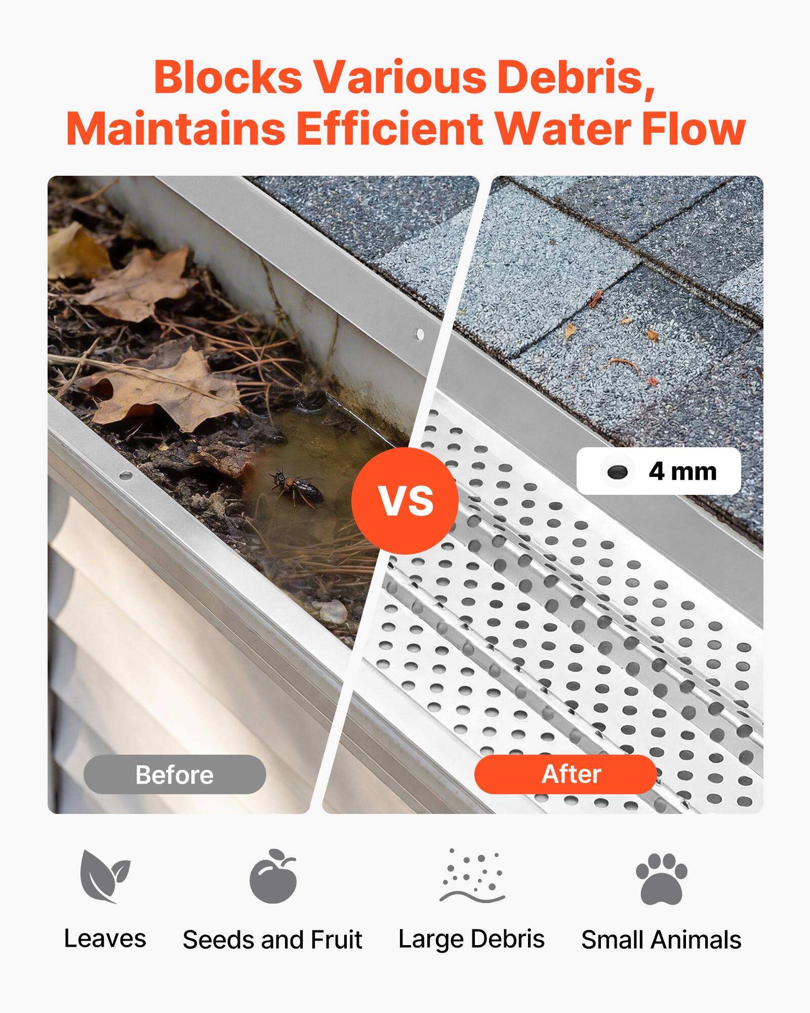 Blocks Various Debris, Maintains Efficient Water Flow

Before

After

Leaves Seeds and Fruit Large Debris Small Animals
