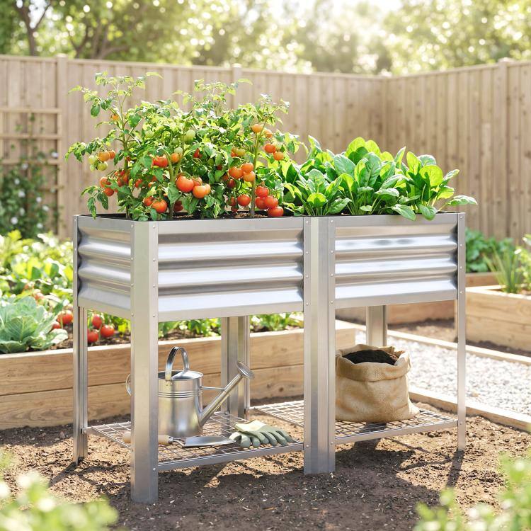 Alt View 1. PULUZ - Raised Garden Bed Galvanized Steel, Elevated Planter Box with Storage Shelf, Bed Liner - Silver.