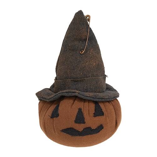 Front. BreeBe - Grungy Stuffed Witchy Jack O Lantern Head Sitter - 4" x 7" - Dark Orange, Black.