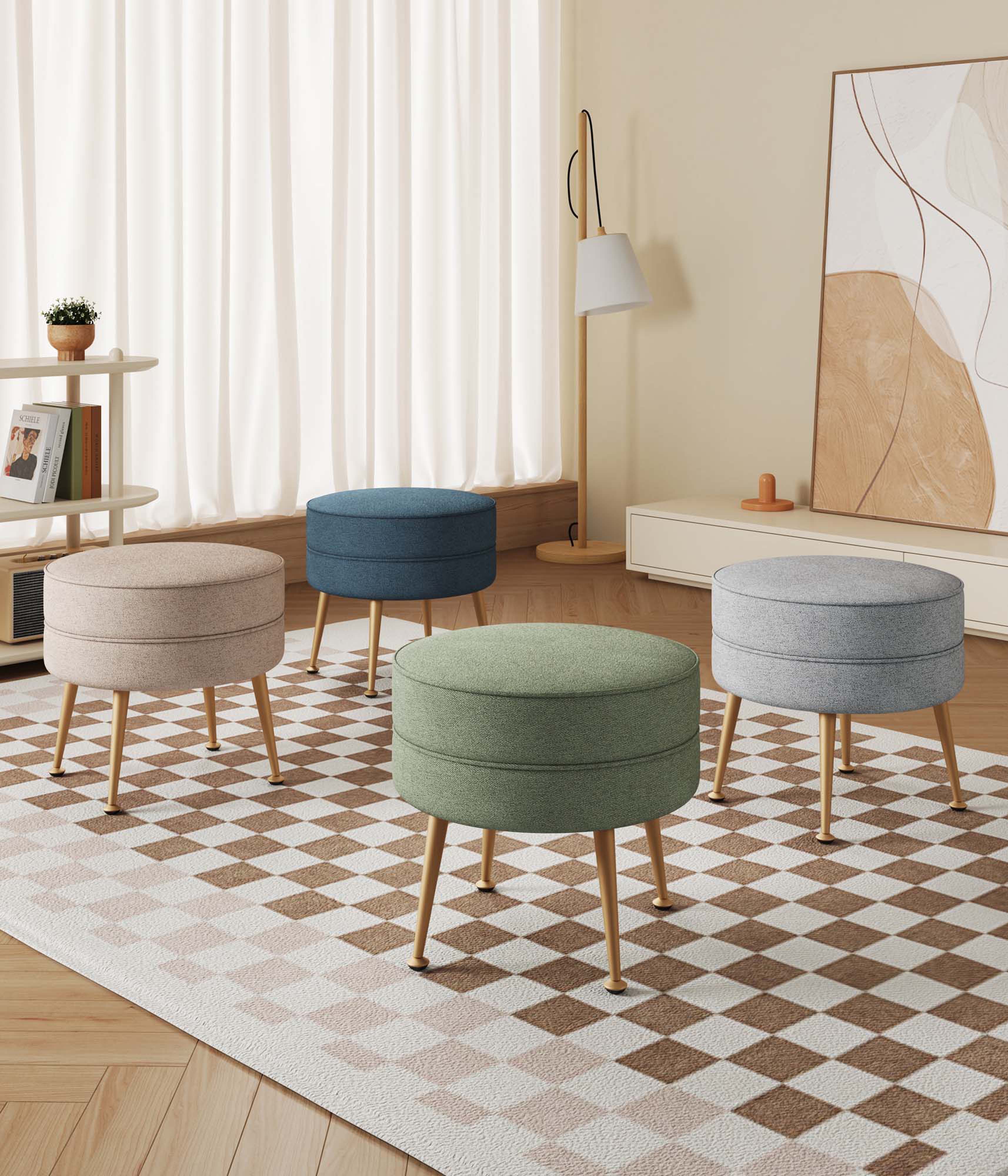 Angle. Manhattan Comfort - Bailey Mid-Century Modern 1-Piece Accent Ottoman - Blue, Gray, Wheat and Sage Green.