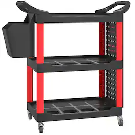 Homcom - Rolling Tool Cart, 200 LBS Capacity Plastic Utility Cart with Side Shelf and Storage Bucket - Black and Red