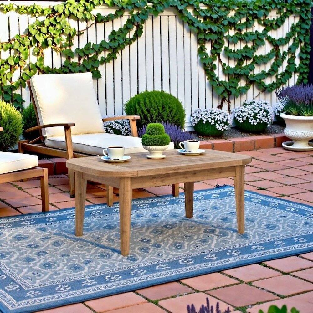 Left. Outdoor Escape - Brown Wood Outdoor Coffee Table, Patio Coffee Tables for Outside Use - Natural.