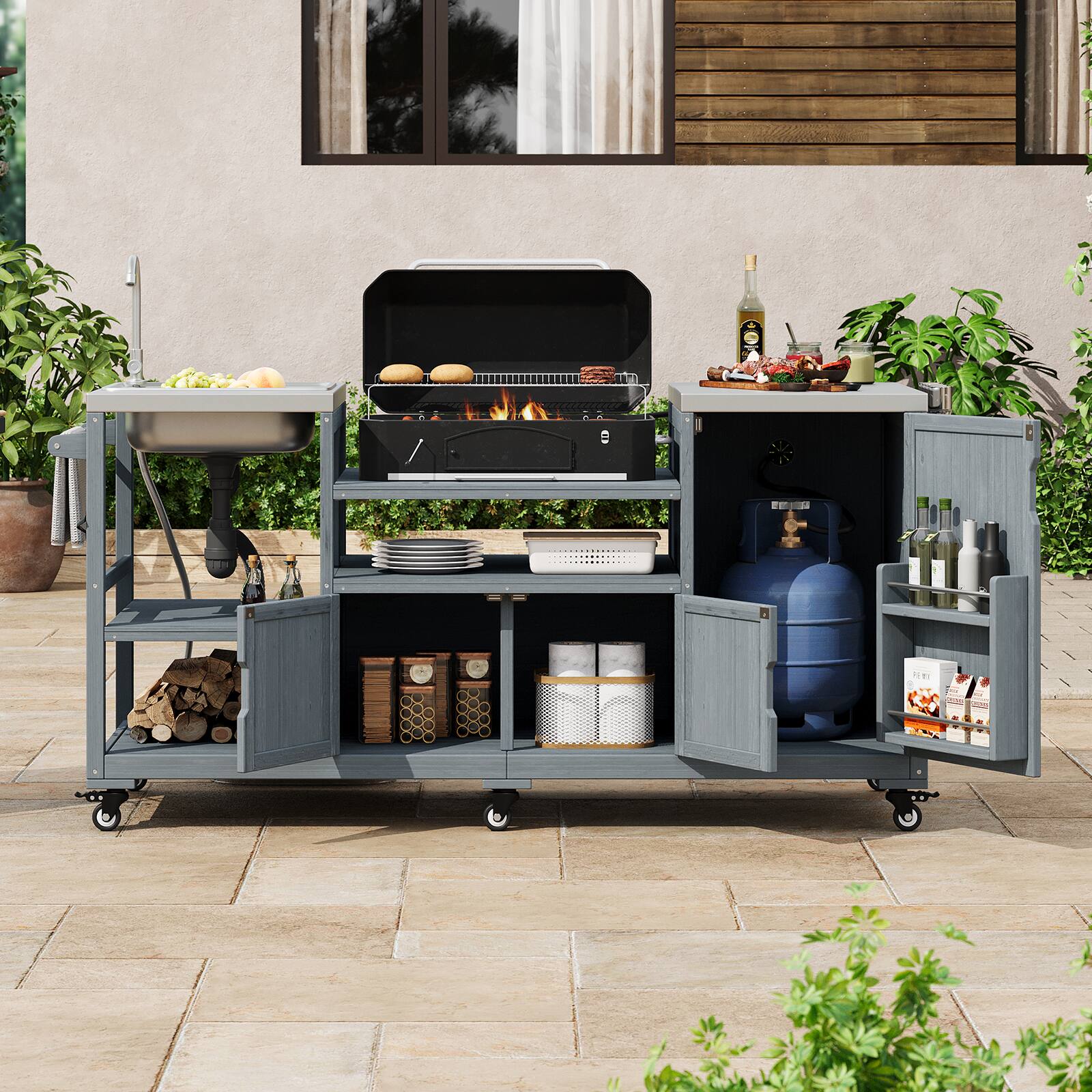 Alt View 1. Chateau Abodes - 75.4" Outdoor Kitchen Island with Sink & Stainless Steel Top for XL Green Egg, Rolling BBQ Prep Station - Grey Blue.
