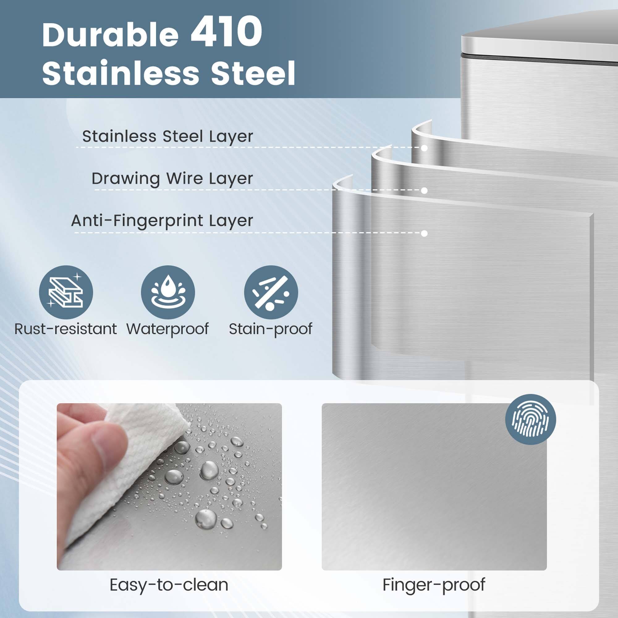 Durable 410 Stainless Steel

- Stainless Steel Layer
- Drawing Wire Layer
- Anti-Fingerprint Layer

- Rust-resistant
- Waterproof
- Stain-proof
- Easy-to-clean
- Finger-proof