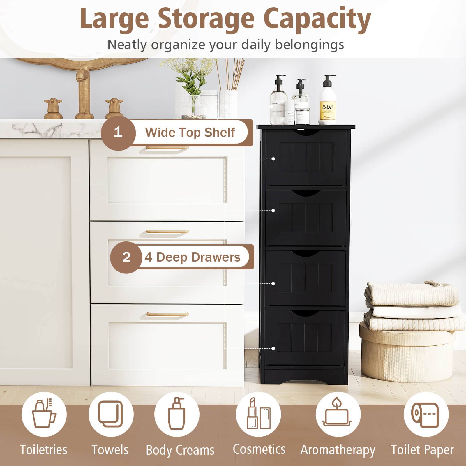 Large Storage Capacity  
Neatly organize your daily belongings  

1. Wide Top Shelf  
2. 4 Deep Drawers  

Toiletries  
Towels  
Body Creams  
Cosmetics  
Aromatherapy  
Toilet Paper