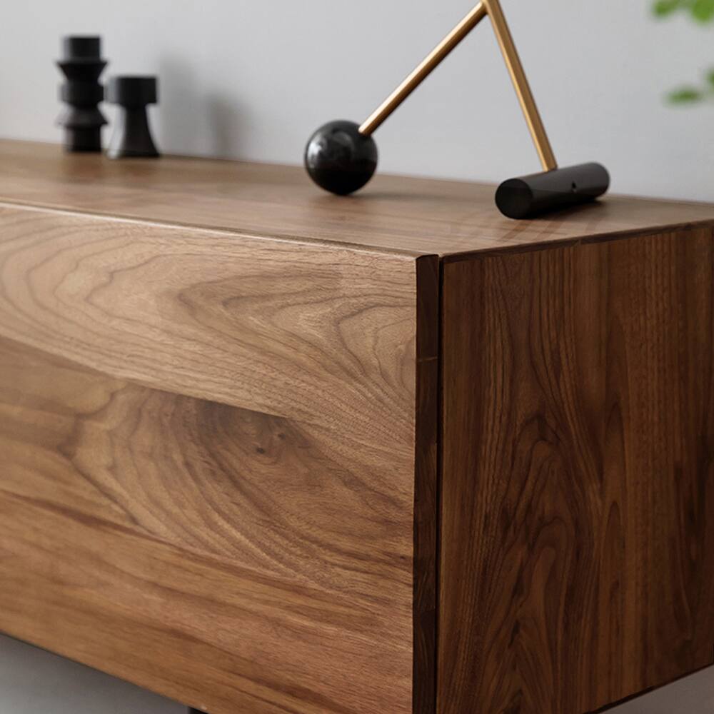 Alt View 1. POVISON - 63" Modern Wood TV Stand, Minimalist Slatted Media Console with Tall-cast Metal Legs, Walnut Veneer - Walnut.