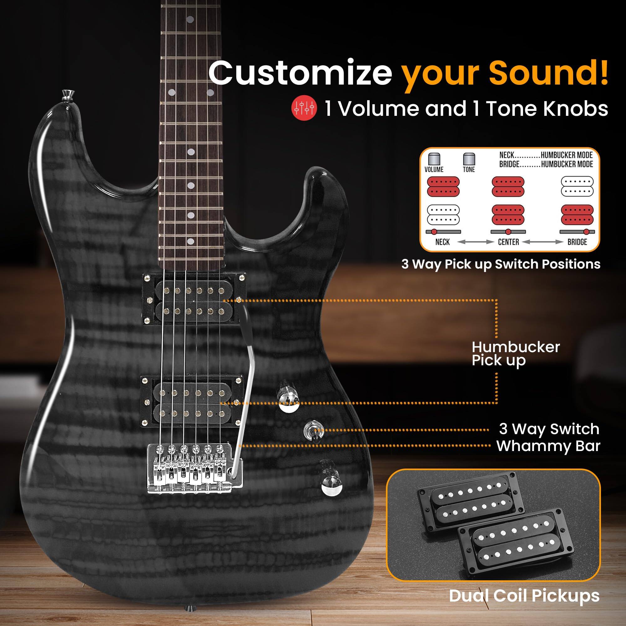 Customize your Sound!  
1 Volume and 1 Tone Knobs  
VOLUME TONE  
NECK BRIDGE  
HUMBUCKER MODE  
HUMBUCKER MODE  
NECK CENTER BRIDGE  
3 Way Pick up Switch Positions  
Humbucker Pick up  
3 Way Switch  
Whammy Bar  
Dual Coil Pickups