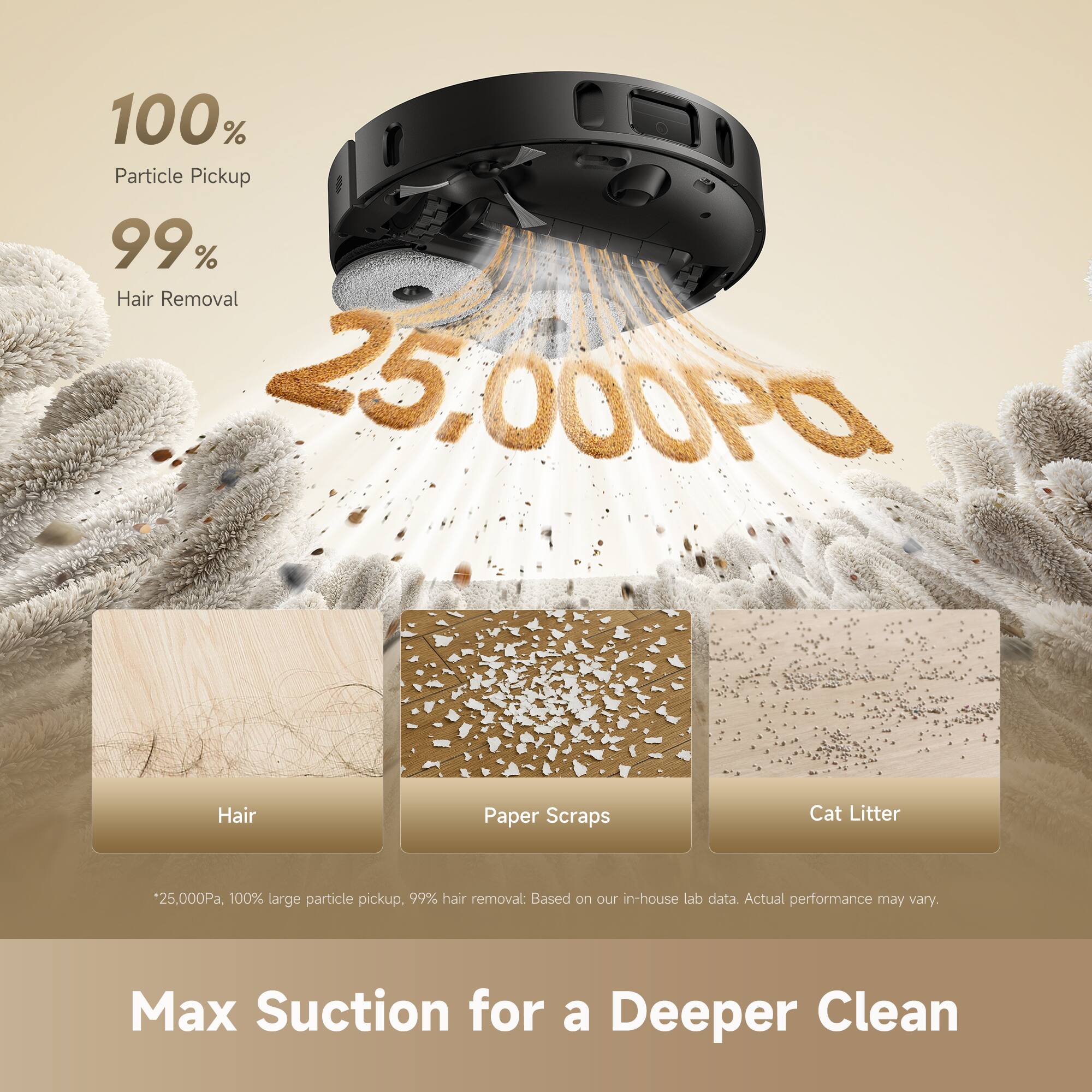 100% Particle Pickup  
99% Hair Removal  
25,000Pa  

100% large particle pickup, 99% hair removal: Based on our in-house lab data. Actual performance may vary.  

Max Suction for a Deeper Clean
