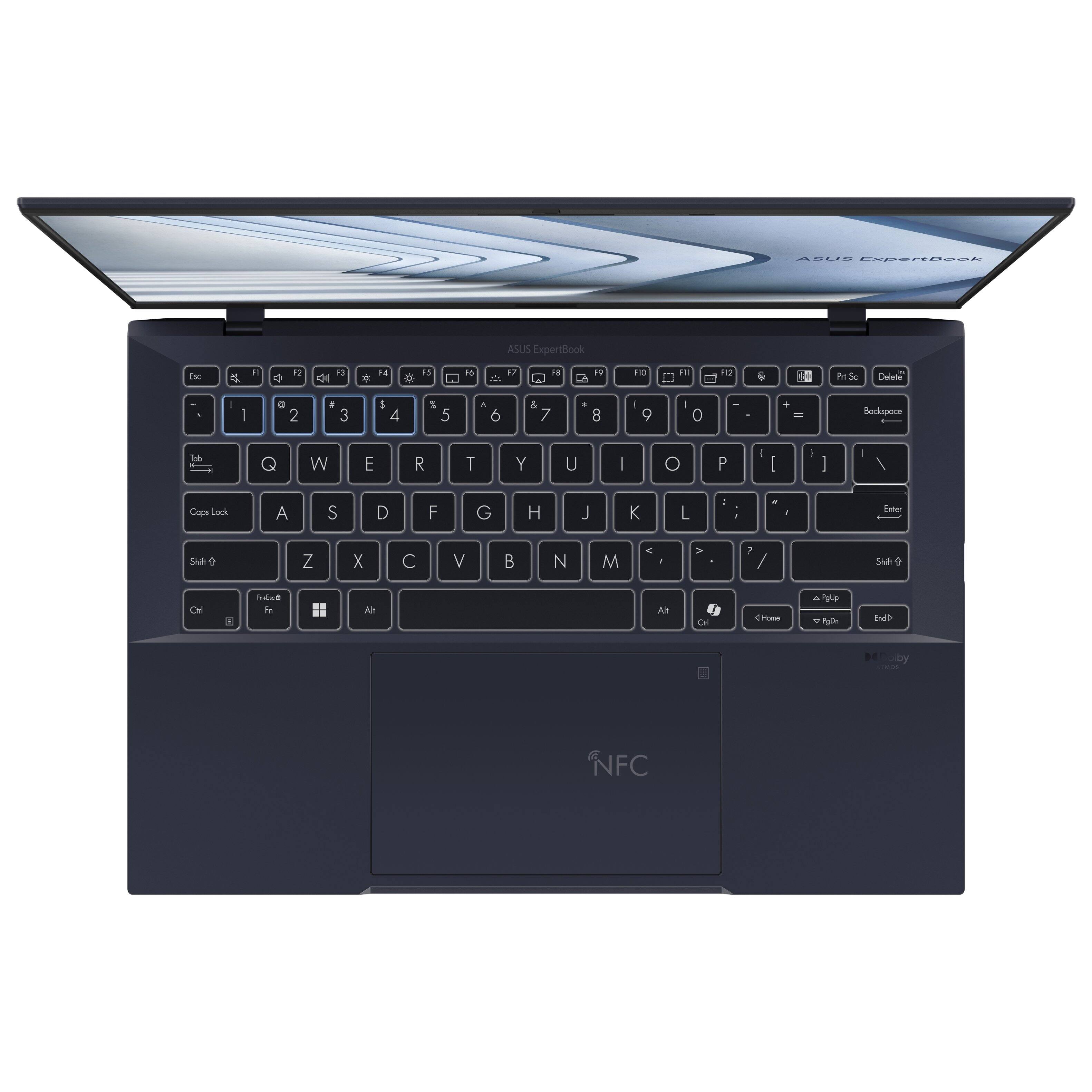 The image shows a laptop computer with a black keyboard and a black screen. The laptop is open and ready for use. The keyboard has a numeric keypad and a touchpad. The laptop is made by Asus and is an ExpertBook model. The screen is large and occupies most of the laptop's surface. The laptop is equipped with a touchscreen, making it a versatile and convenient device for various tasks.