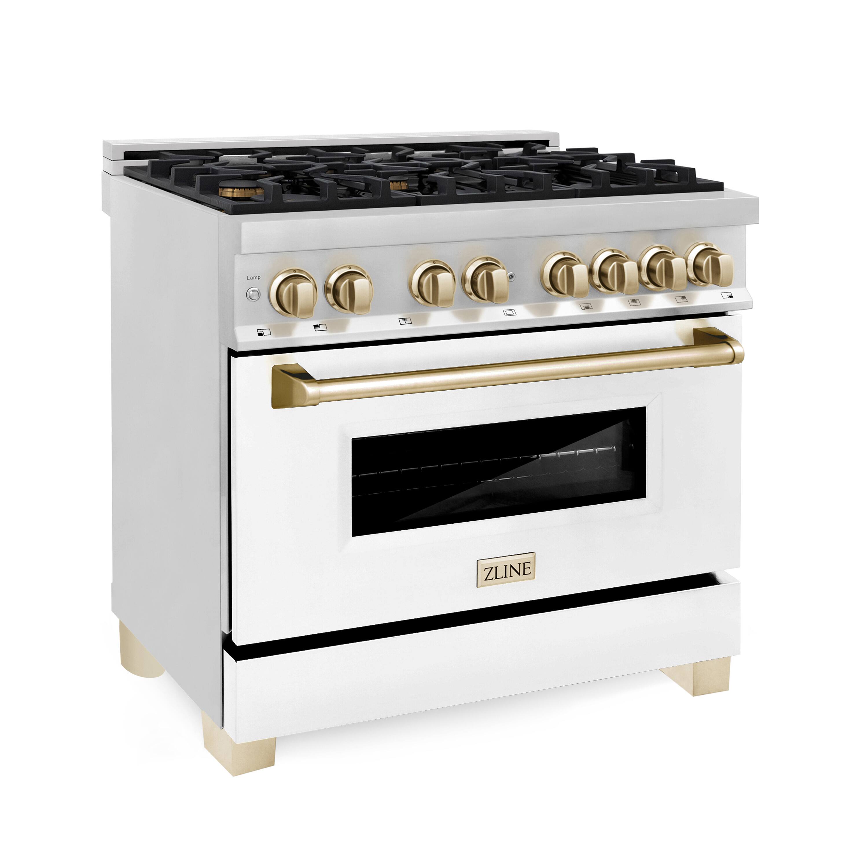 Back. ZLINE - Autograph 36" Legacy Dual Fuel Range w/ 6 Burners & White & Gold Accents (RAZ-WM-36-G) - Stainless steel.