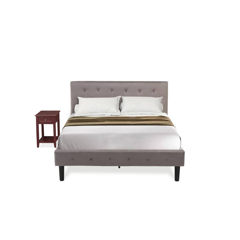 Alt View 4. East West Furniture - NL14F-1DE13 2 Piece Full Bed Set - 1 Bed Brown Taupe Velvet Fabric Headboard and 1 Modern Nightstand - Burgundy Finish - Taupe Brown.