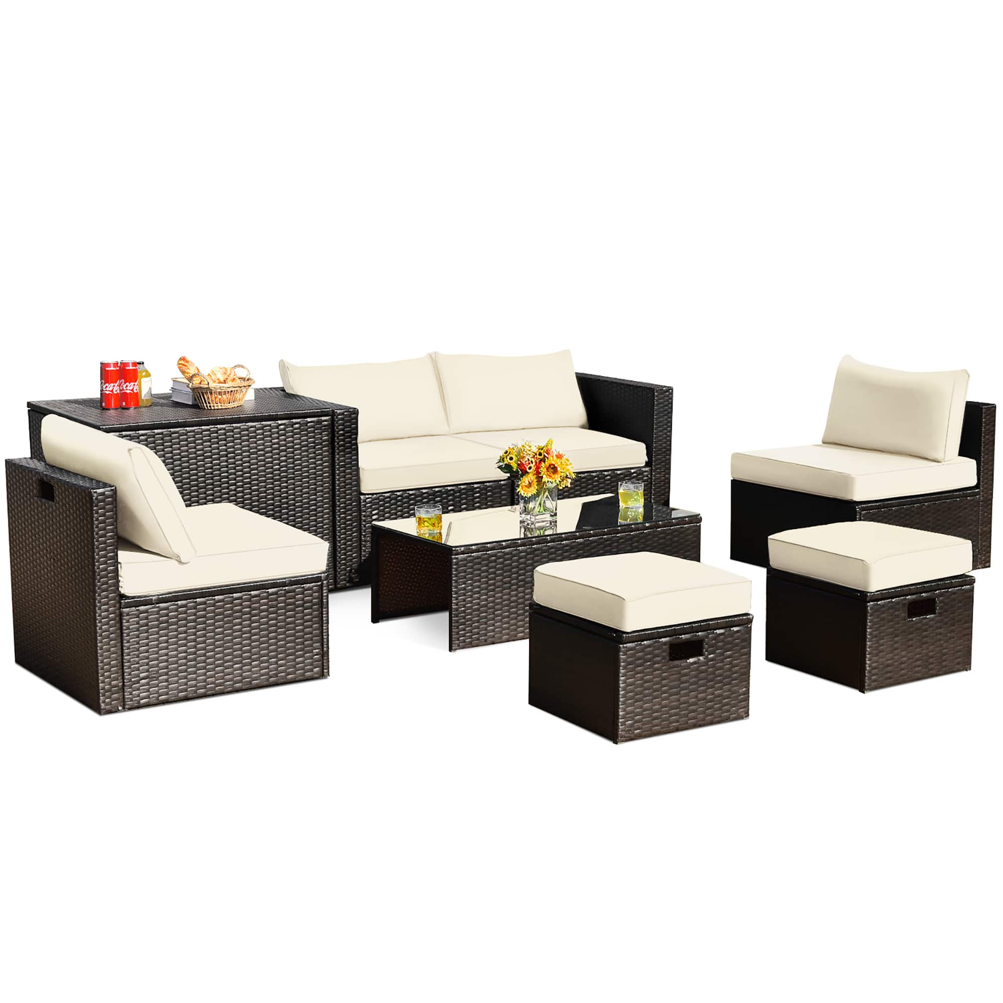 Costway - 8PCS Patio Rattan Furniture Set Space-Saving Storage Cushion cover - Off White