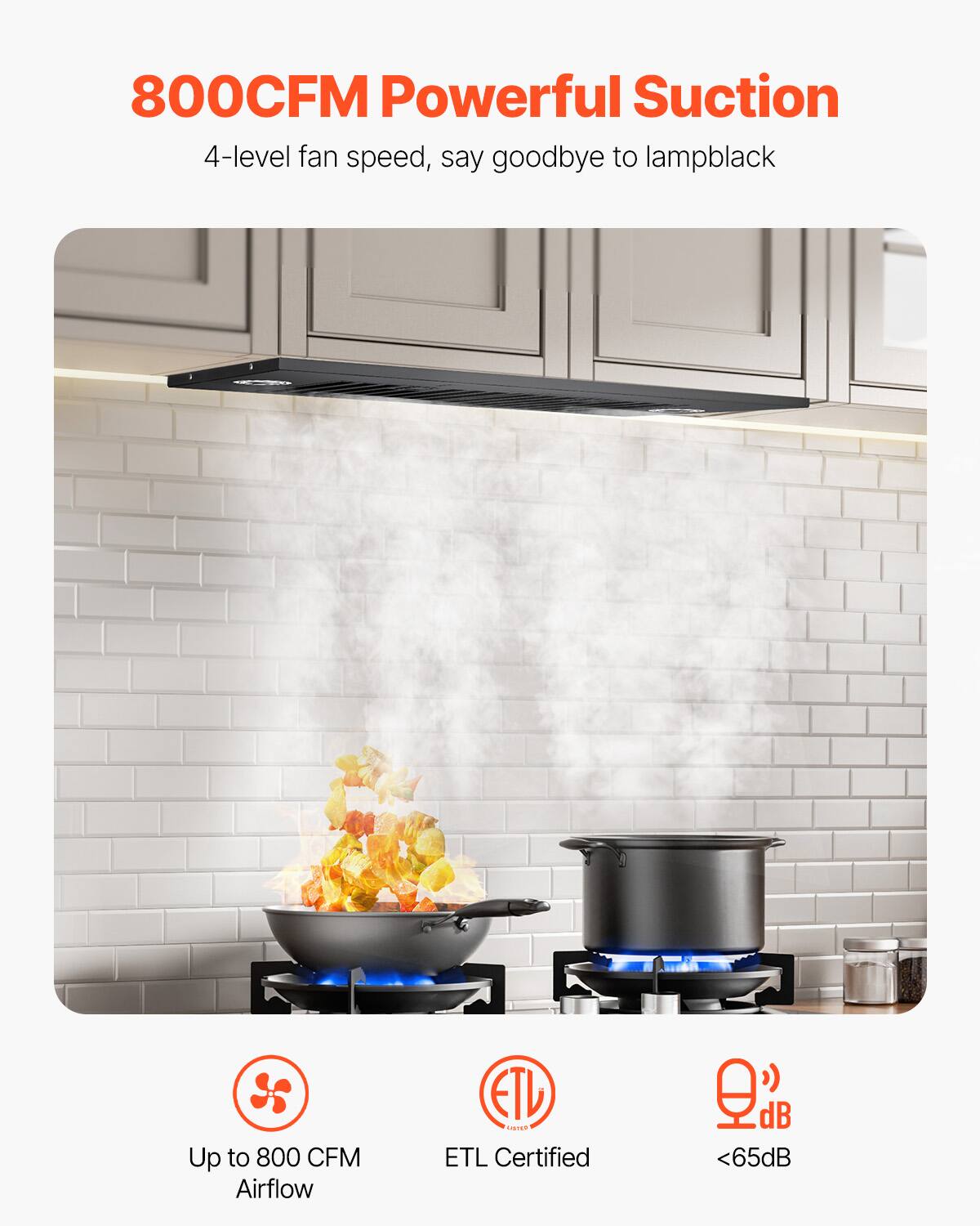 800CFM Powerful Suction  
4-level fan speed, say goodbye to lampblack  

Up to 800 CFM Airflow  
ETL Certified  
<65dB