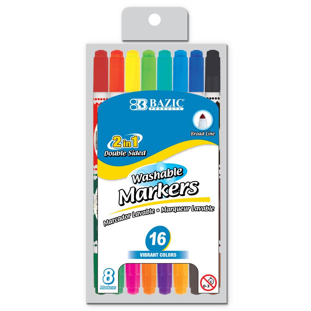 83 BAZIC PRODUCTS  
2 in 1 Double Sided Washable Markers  
Marqueur Lavable  
Marcador Lavable  
Broad Line  
16 Vibrant Colors  
8 Markers  
0-3