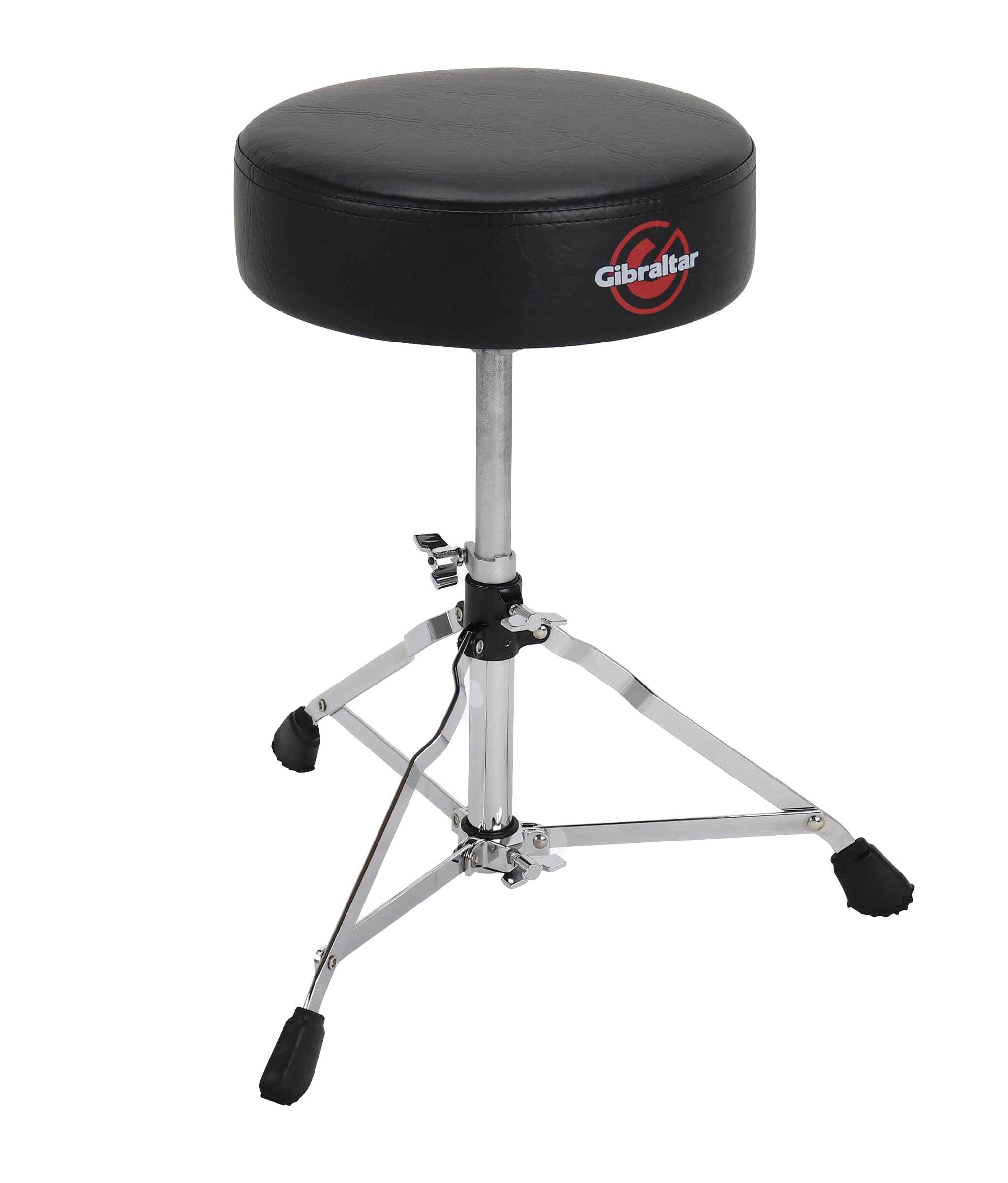 Left. Gibraltar Hardware - Drum Throne 4000 Series with Adjustable Height, 12" Round Seat, Single-Braced Drum Stool, Lightweight Portable Design.
