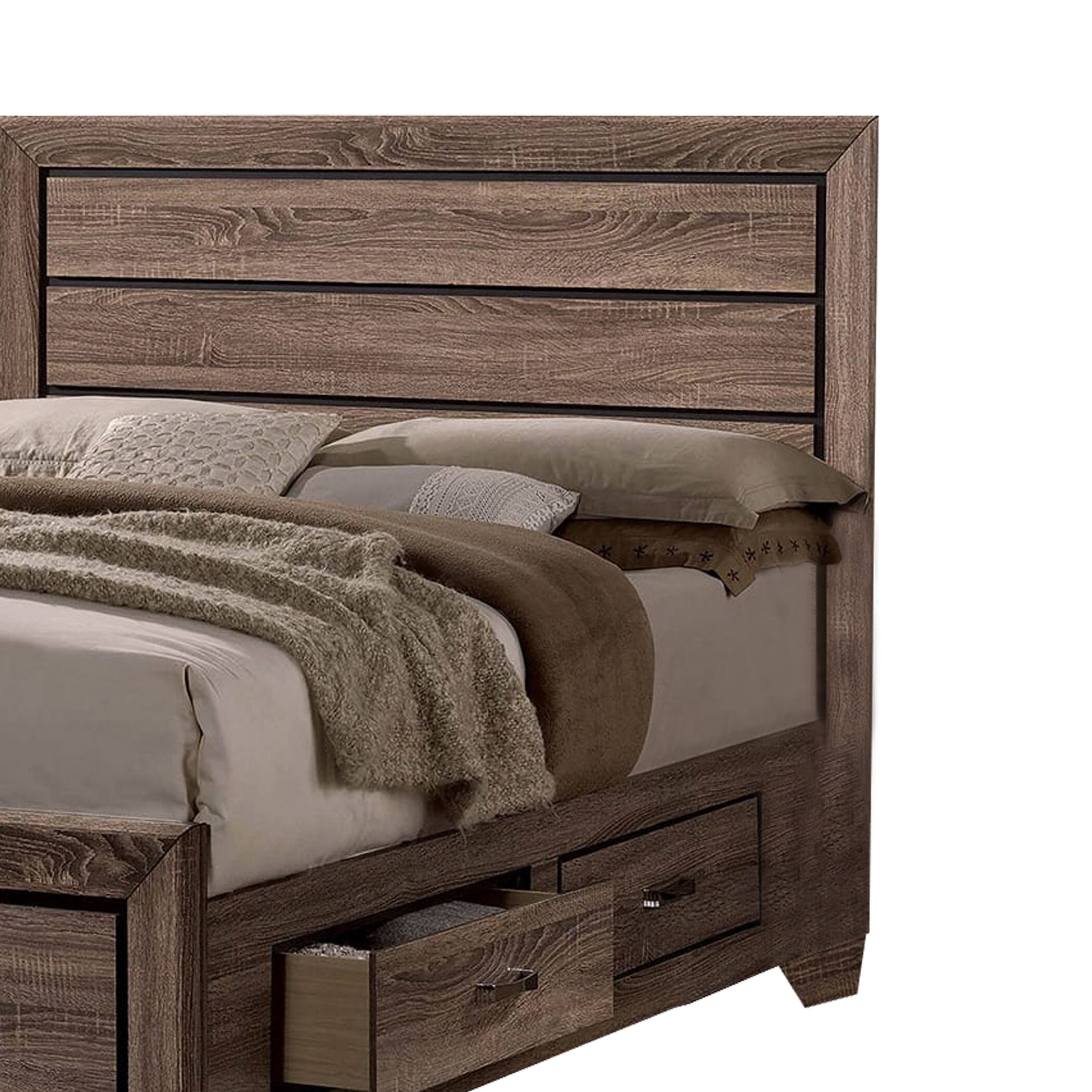 Alt View 3. Manhattan Lane - Wooden Queen Size Bed with 4 Spacious Side Rail Drawers - Brown.