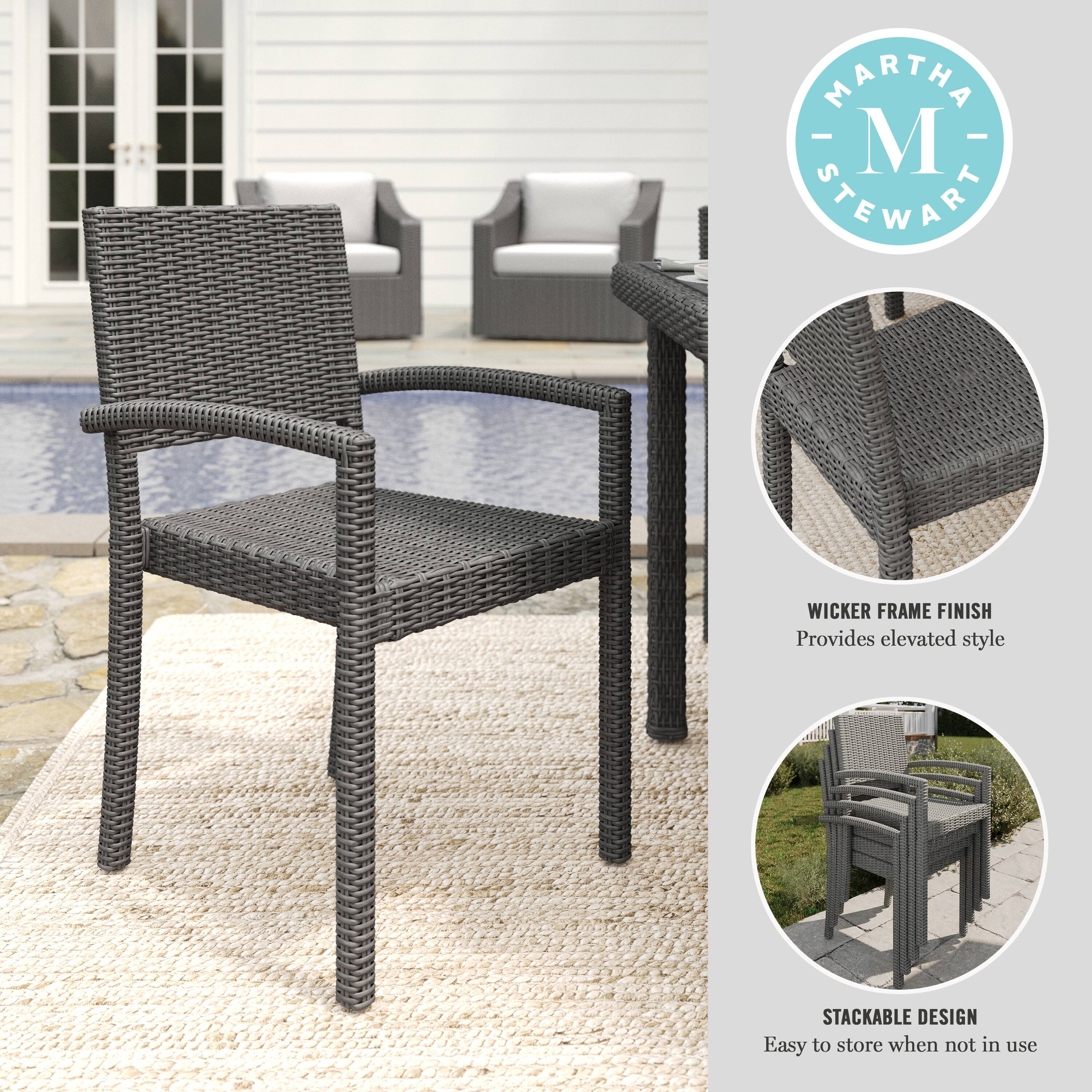 The text on the image reads: "MARTHA STEWART WICKER FRAME FINISH Provides elevated style STACKABLE DESIGN Easy to store when not in use".