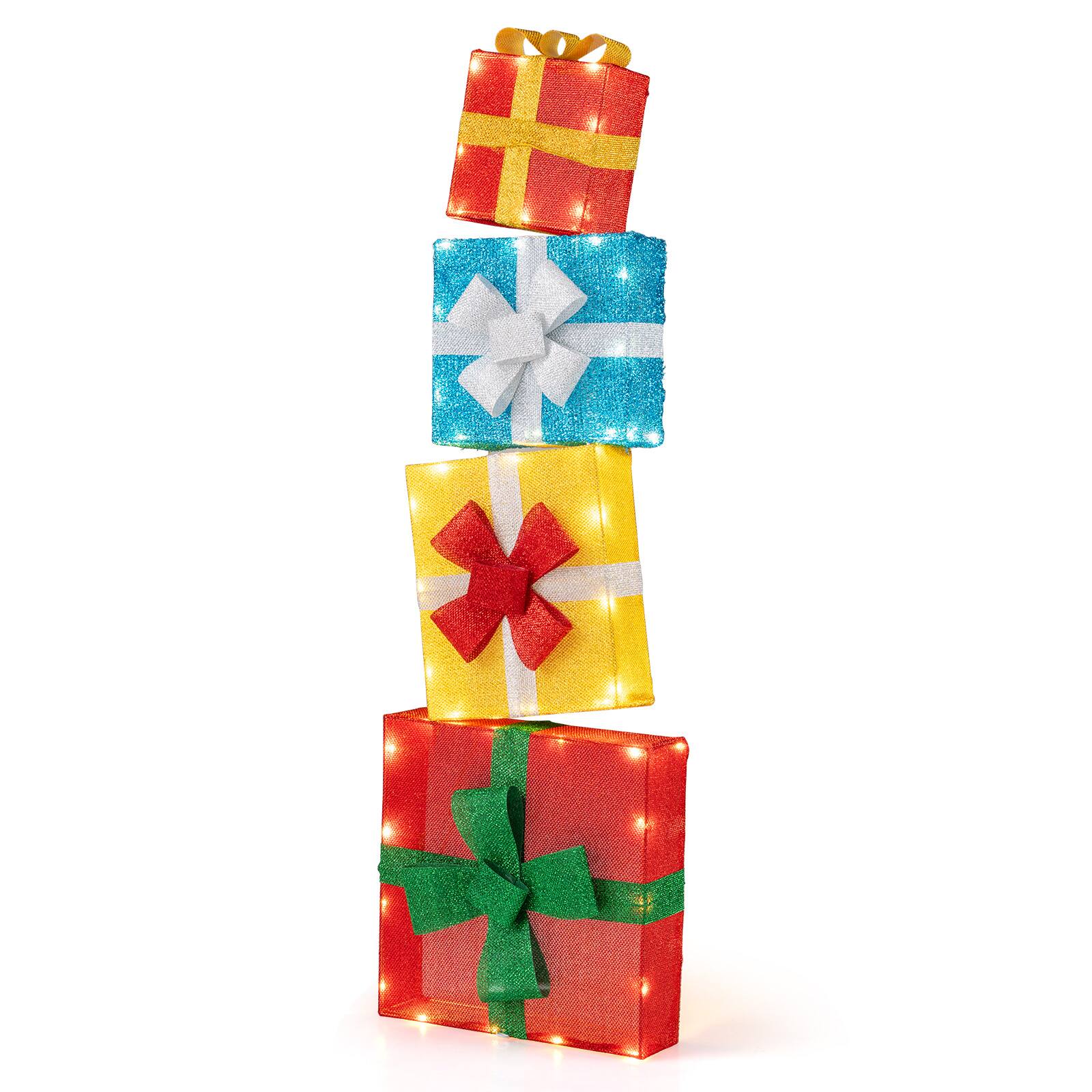 Angle. WELLFOR - 2D Lighted Christmas Gift Box Decoration Set with 4 Stacked Boxes - Red.