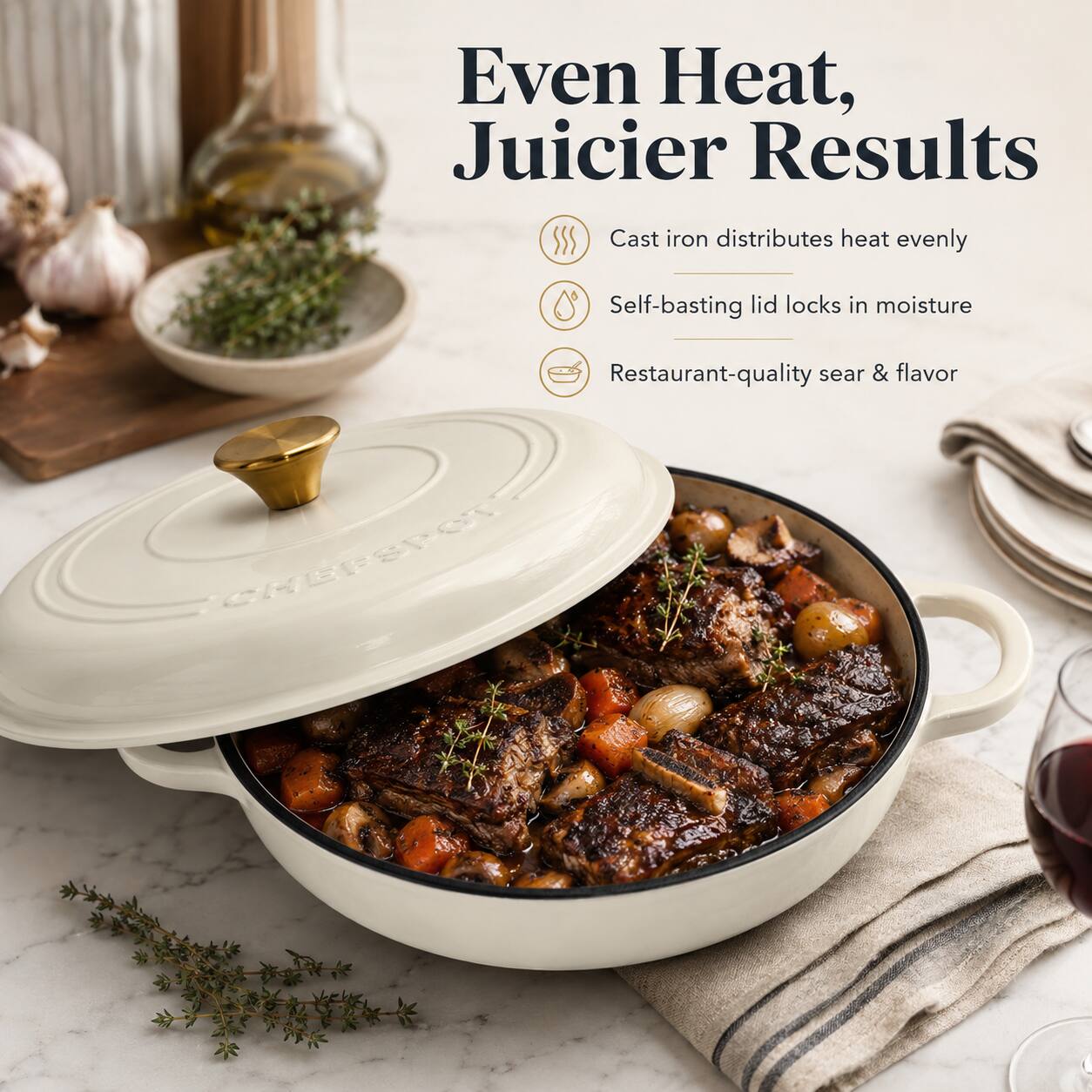 Even Heat, Juicier Results

- Cast iron distributes heat evenly
- Self-basting lid locks in moisture
- Restaurant-quality sear & flavor