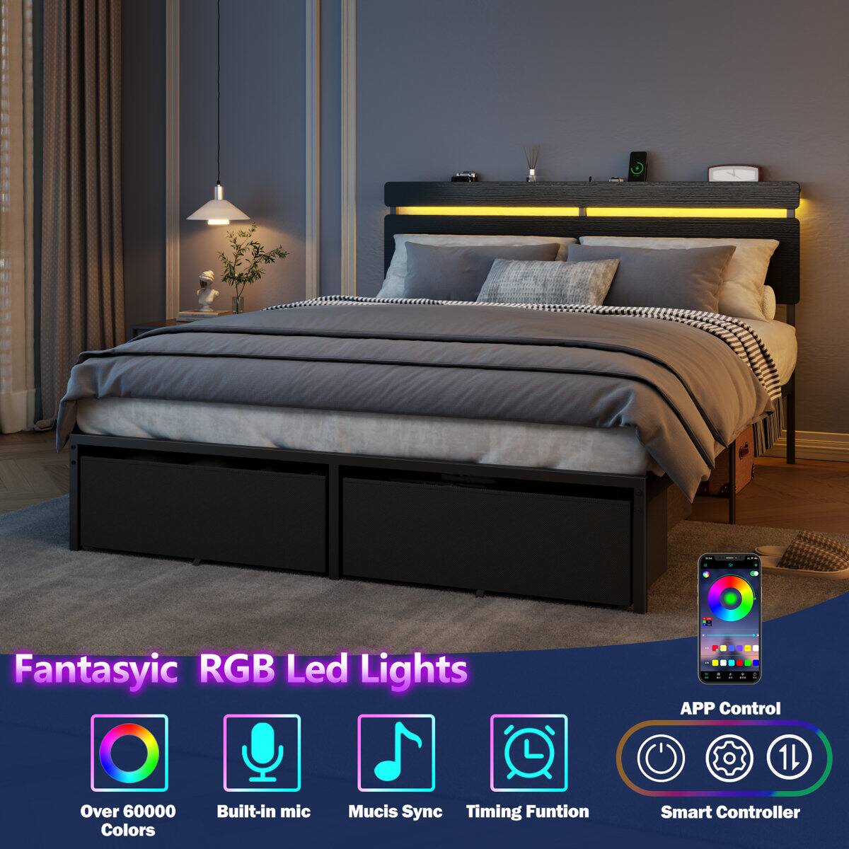 Fantasyic RGB Led Lights  
APP Control  
1L  
Over 60000 Colors  
Built-in mic  
Music Sync  
Timing Function  
Smart Controller