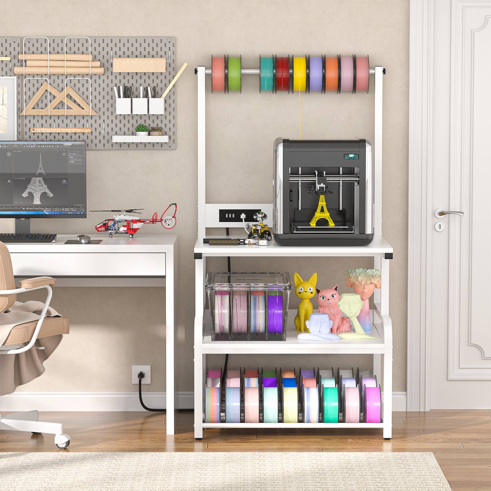 Angle. Aheaplus - 3D Printer Stand with Power Outlets, 3-Tier Rolling Printer Stand with Filament Storage - White.