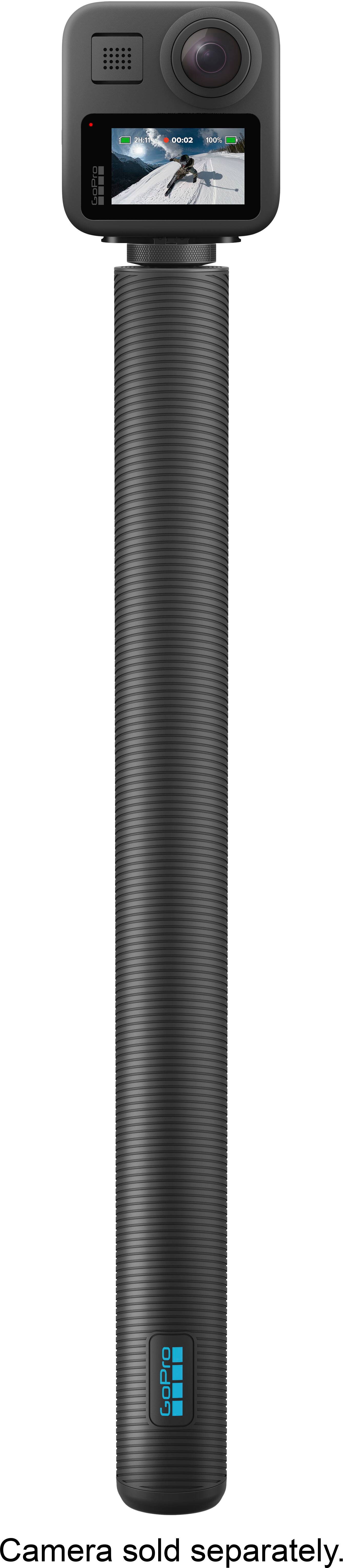 The image shows a black camera pole with a GoPro camera attached to it. The camera is positioned at the top of the pole, and the pole is made of metal. The camera is not sold separately; it is attached to the pole.