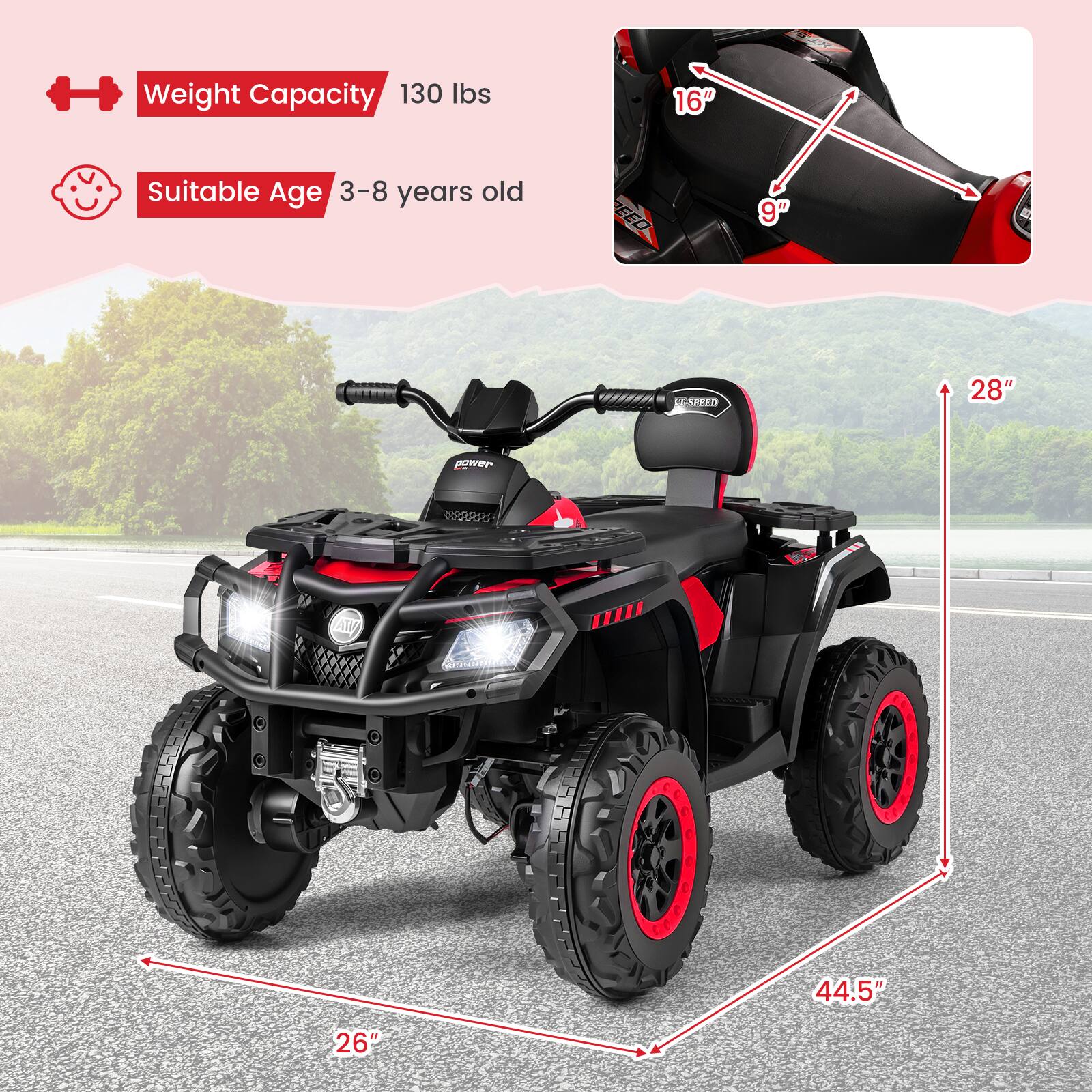 - Weight Capacity: 130 lbs
- Suitable Age: 3-8 years old
- Seat Dimensions: 16" x 9"
- Overall Dimensions: 44.5" x 28" x 26"