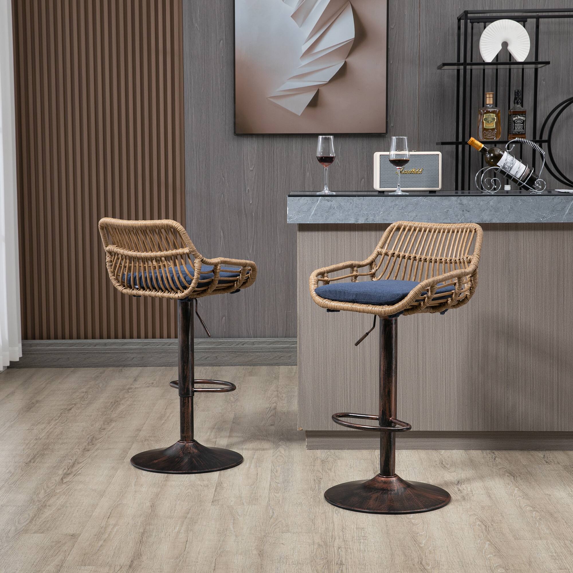 Alt View 2. Trinkets Crazed - Rattan Bar Stools Set of 2, Adjustable Barstools with Linen Cushion, 360° Swivel Bar Stool for Kitchen and Bar - Blue.
